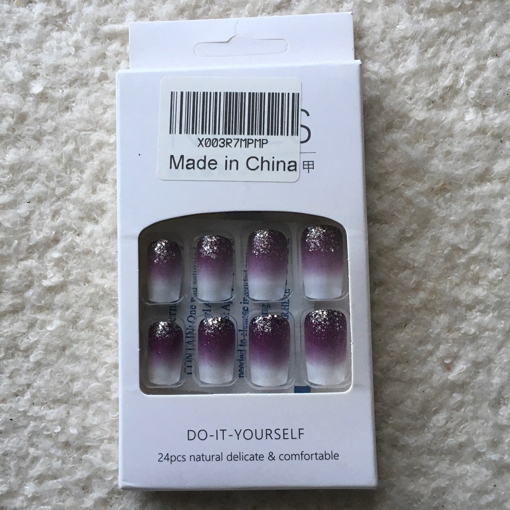 Press-On Nail Set - Purple Ombre with Silver Glitter